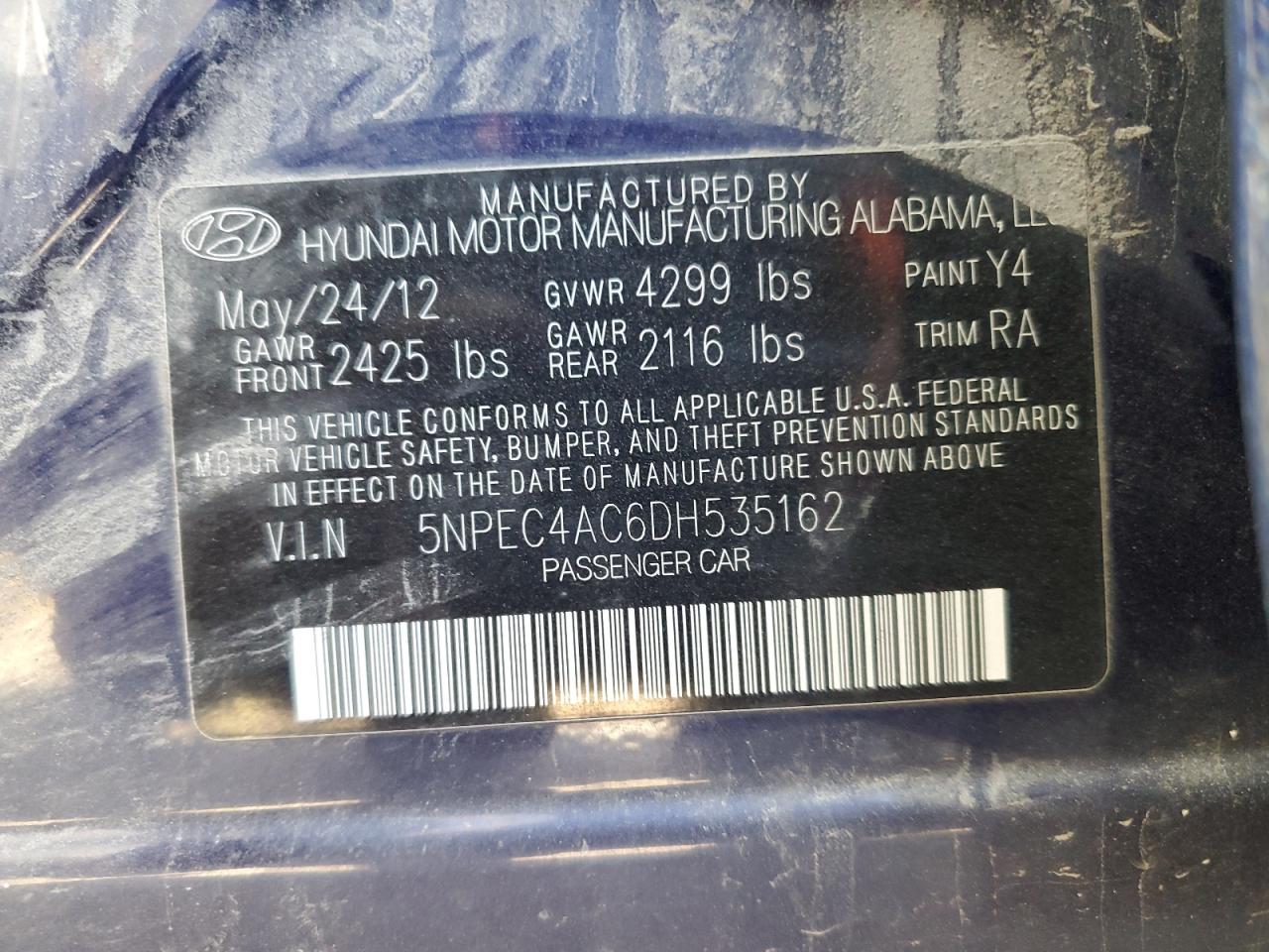 2013 Hyundai Sonata Se VIN: 5NPEC4AC6DH535162 Lot: 84705085