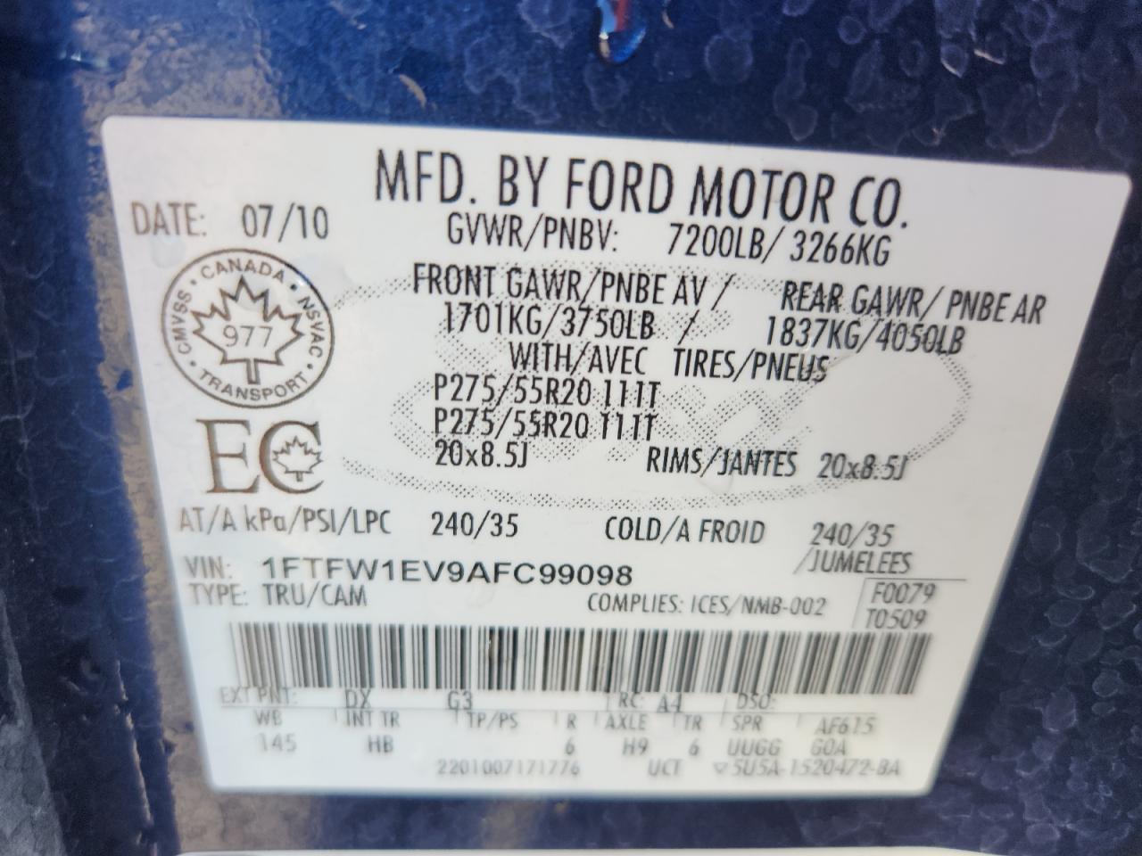 2010 Ford F150 Supercrew VIN: 1FTFW1EV9AFC99098 Lot: 84781875