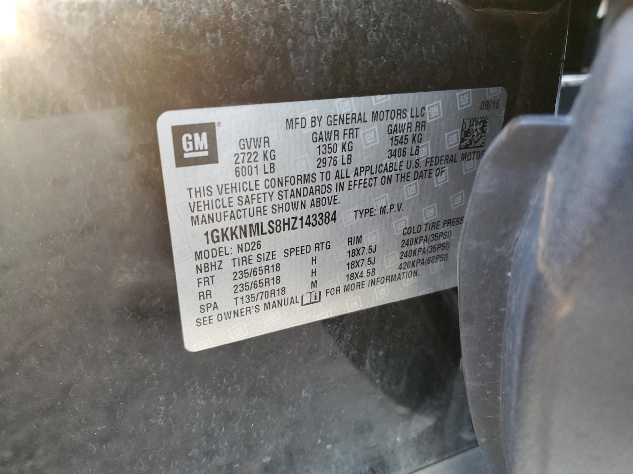 2017 GMC Acadia Slt-1 VIN: 1GKKNMLS8HZ143384 Lot: 83996925