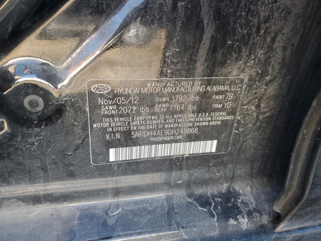 2013 Hyundai Elantra Gls VIN: 5NPDH4AE9DH249868 Lot: 85503985