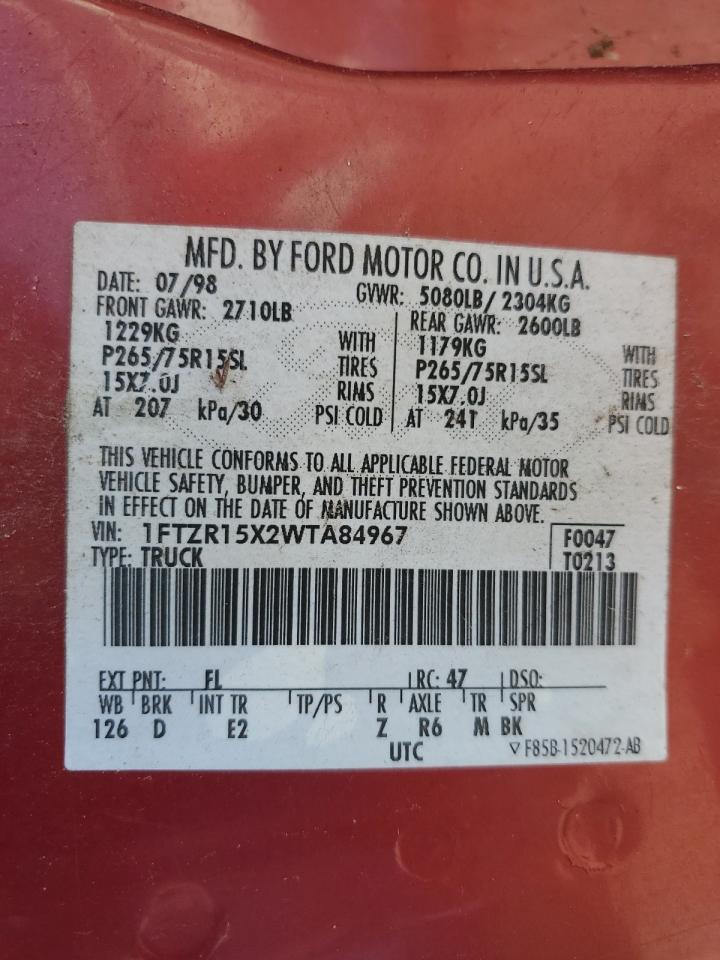 1998 Ford Ranger Super Cab VIN: 1FTZR15X2WTA84967 Lot: 89661885
