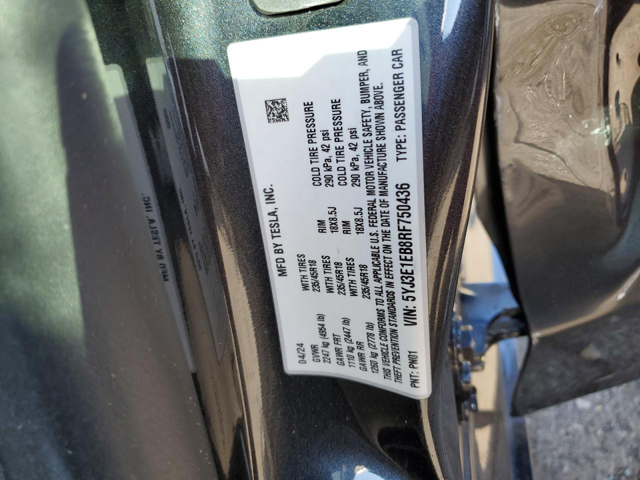 2024 Tesla Model 3 VIN: 5YJ3E1EB8RF750436 Lot: 85361635