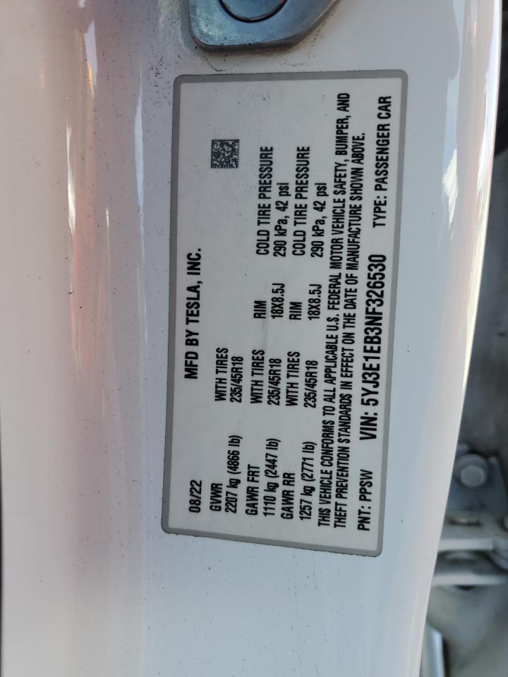 2022 Tesla Model 3 VIN: 5YJ3E1EB3NF326530 Lot: 82372235