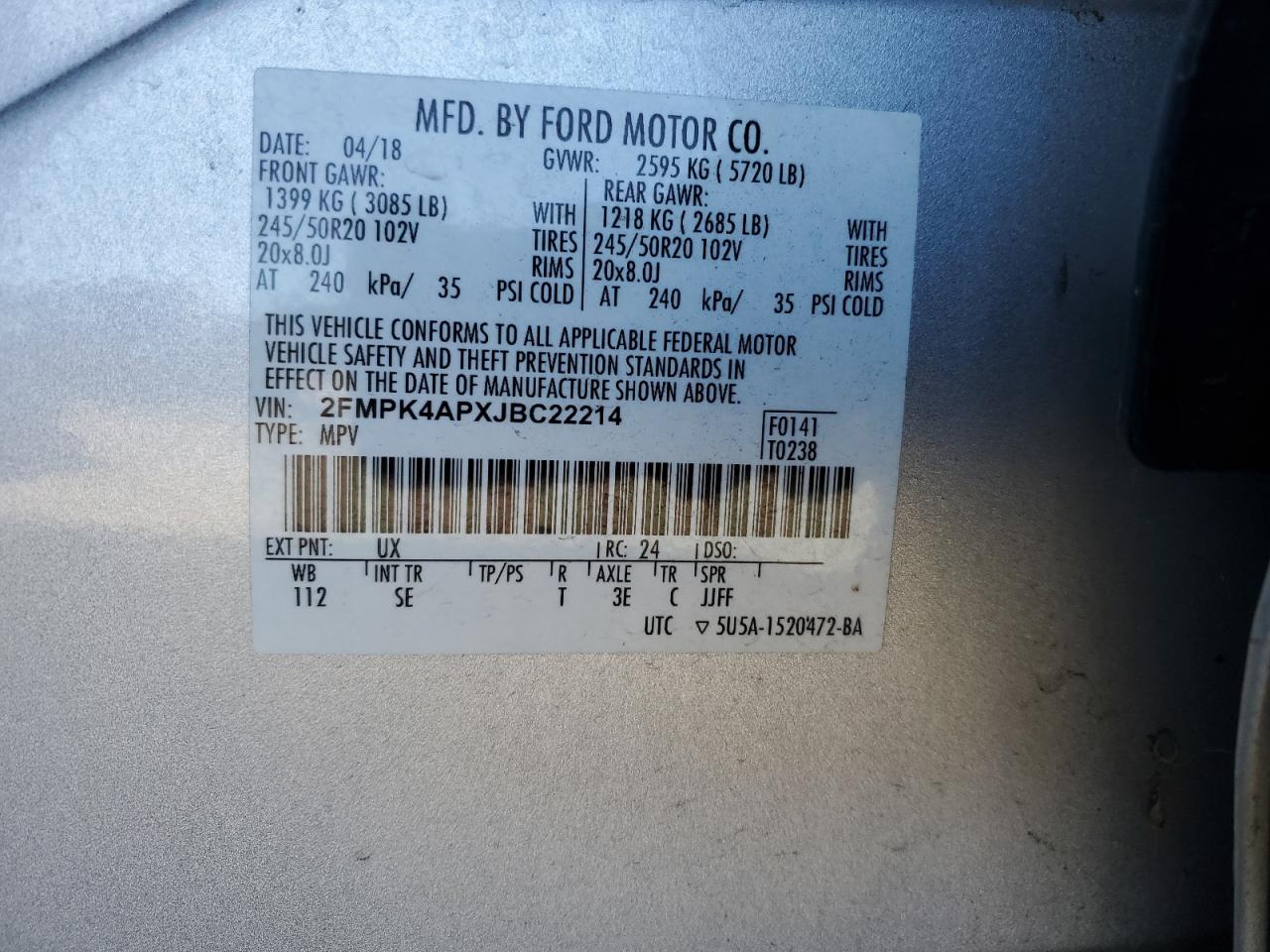 2018 Ford Edge Sport VIN: 2FMPK4APXJBC22214 Lot: 90383135