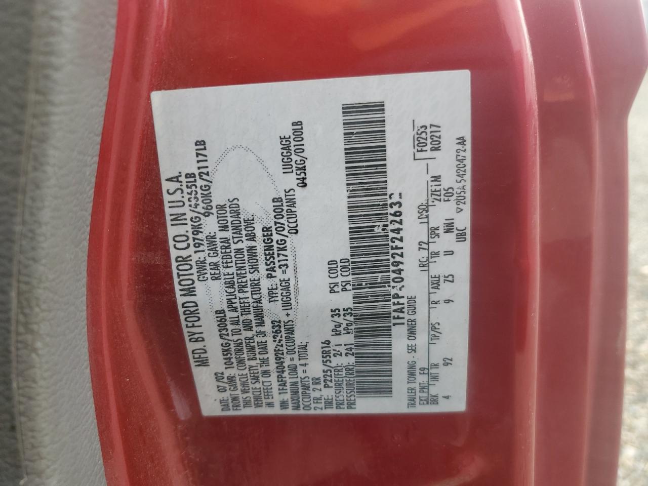 2002 Ford Mustang VIN: 1FAFP40492F242632 Lot: 86824435