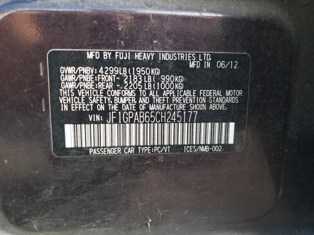 2012 Subaru Impreza Premium VIN: JF1GPAB65CH245177 Lot: 85378755