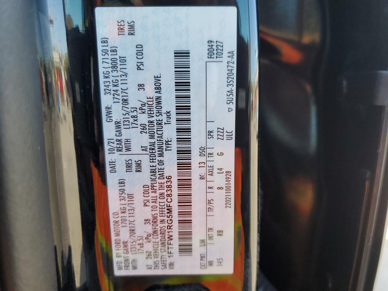 2021 Ford F150 Raptor VIN: 1FTFW1RG5MFC83836 Lot: 85151245