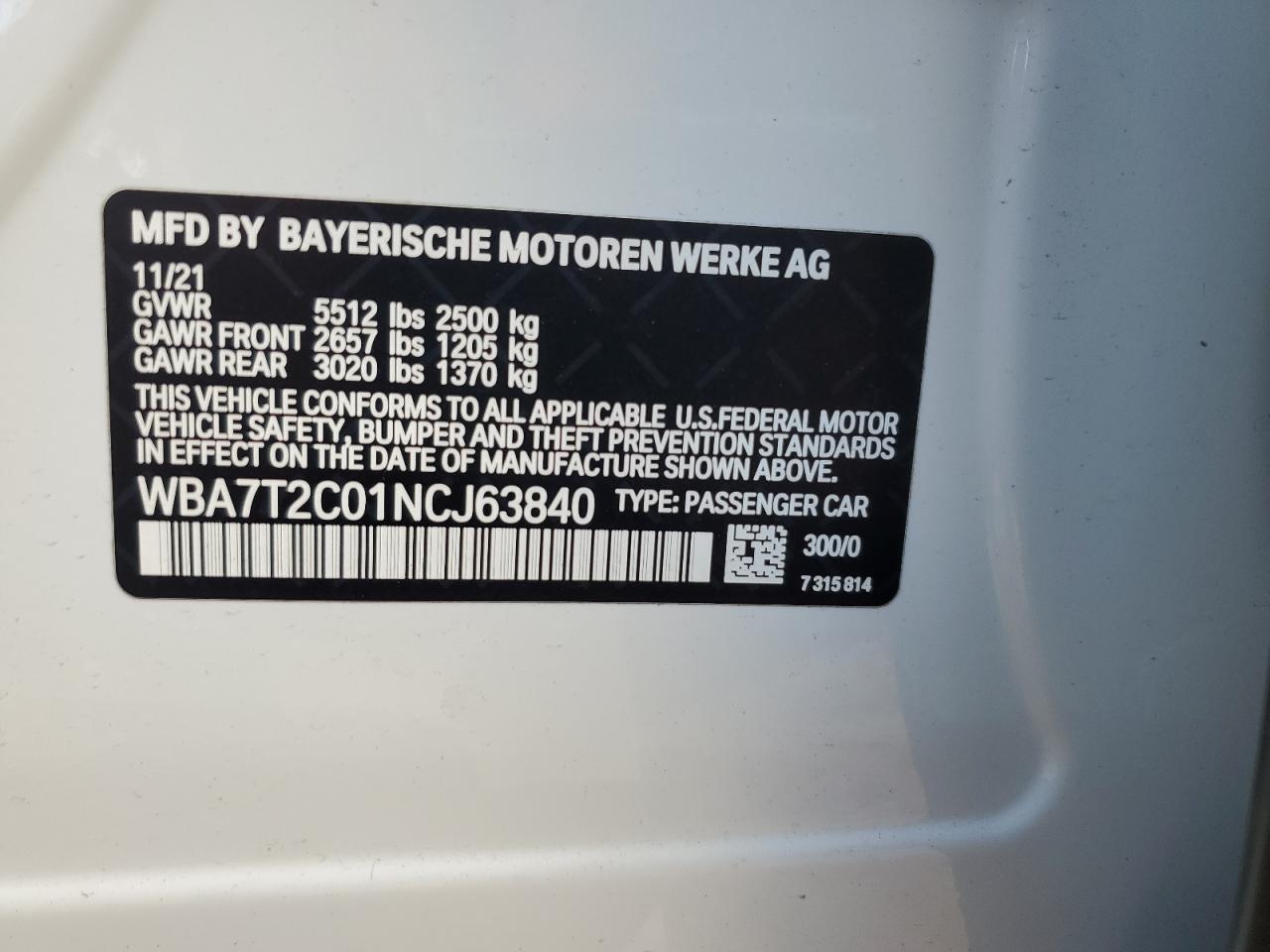 2022 BMW 740 I VIN: WBA7T2C01NCJ63840 Lot: 85764455