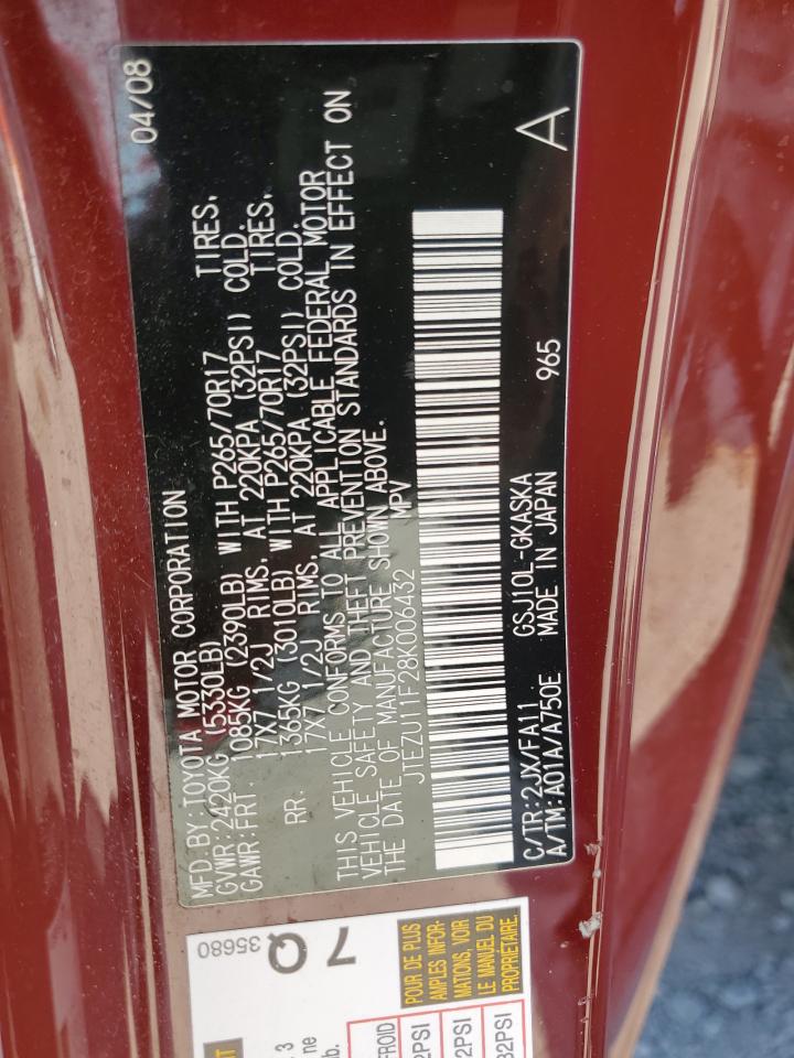 2008 Toyota Fj Cruiser VIN: JTEZU11F28K006432 Lot: 85363555