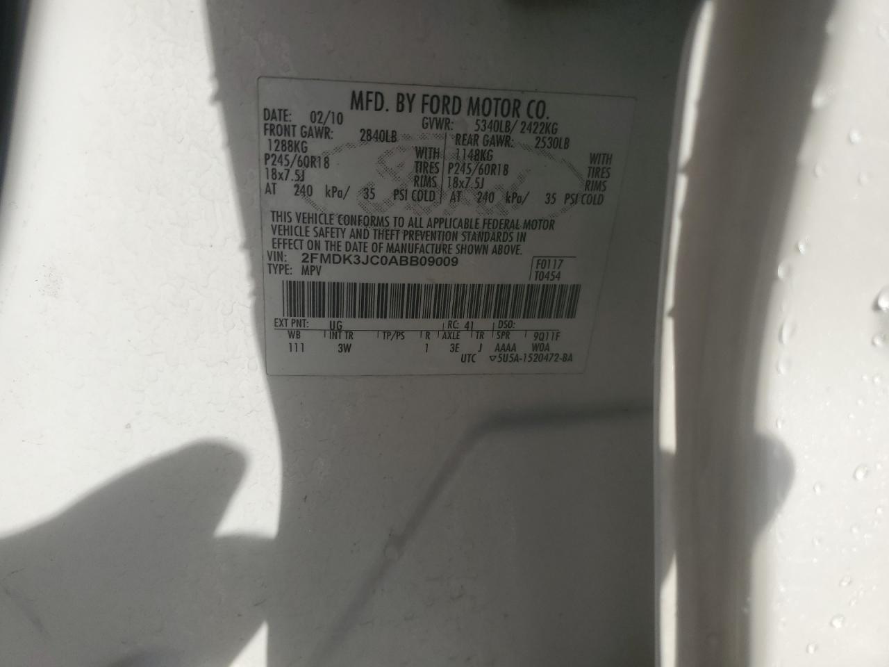 2010 Ford Edge Sel VIN: 2FMDK3JC0ABB09009 Lot: 84782015