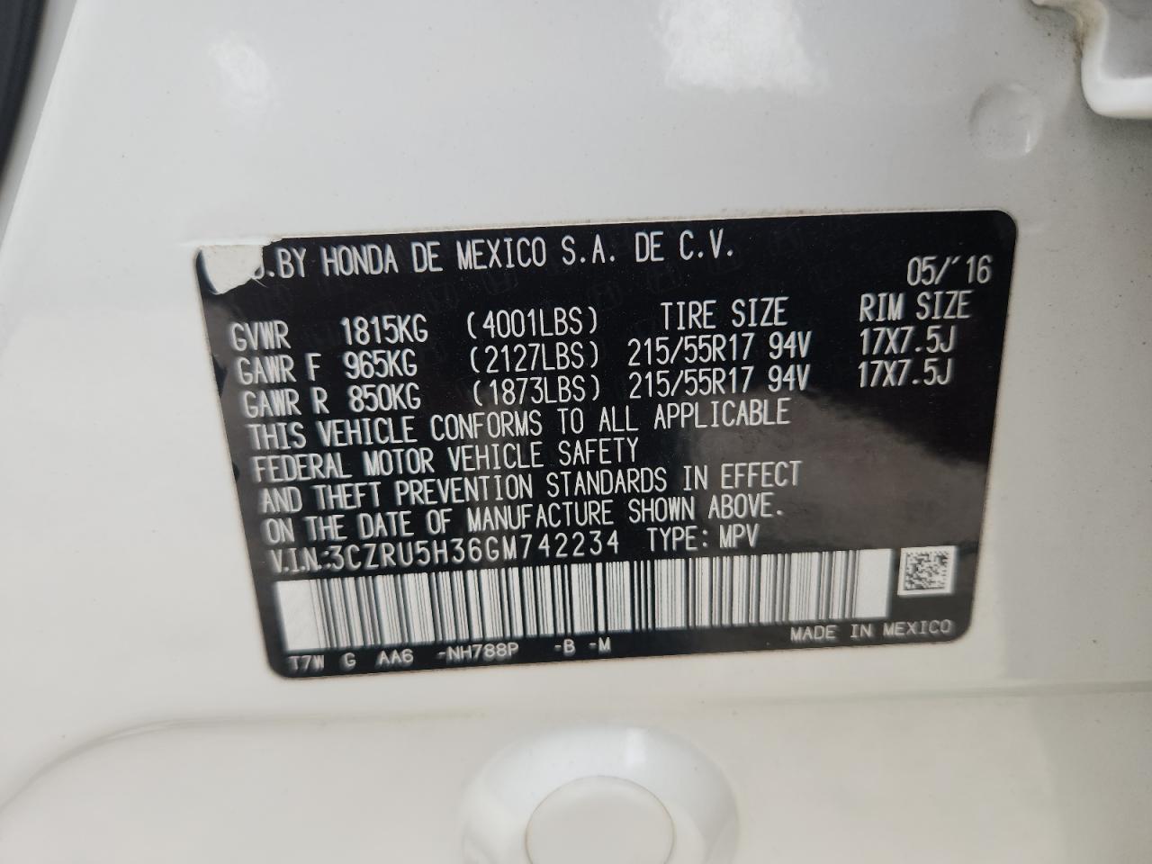 2016 Honda Hr-V Lx VIN: 3CZRU5H36GM742234 Lot: 85751575