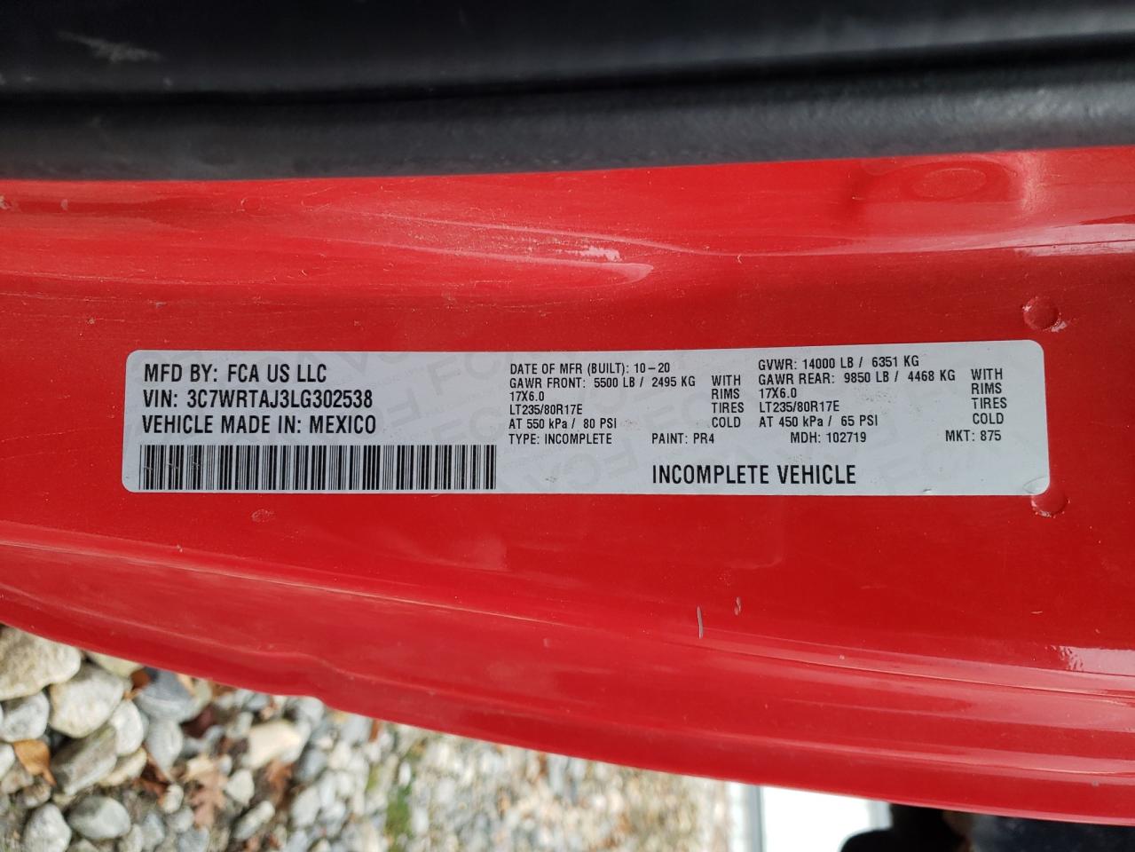 2020 Ram 3500 VIN: 3C7WRTAJ3LG302538 Lot: 85265035