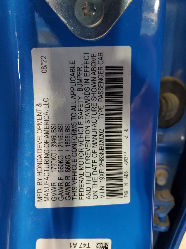 2022 Honda Civic Sport VIN: 19XFL2H83NE020202 Lot: 85273365