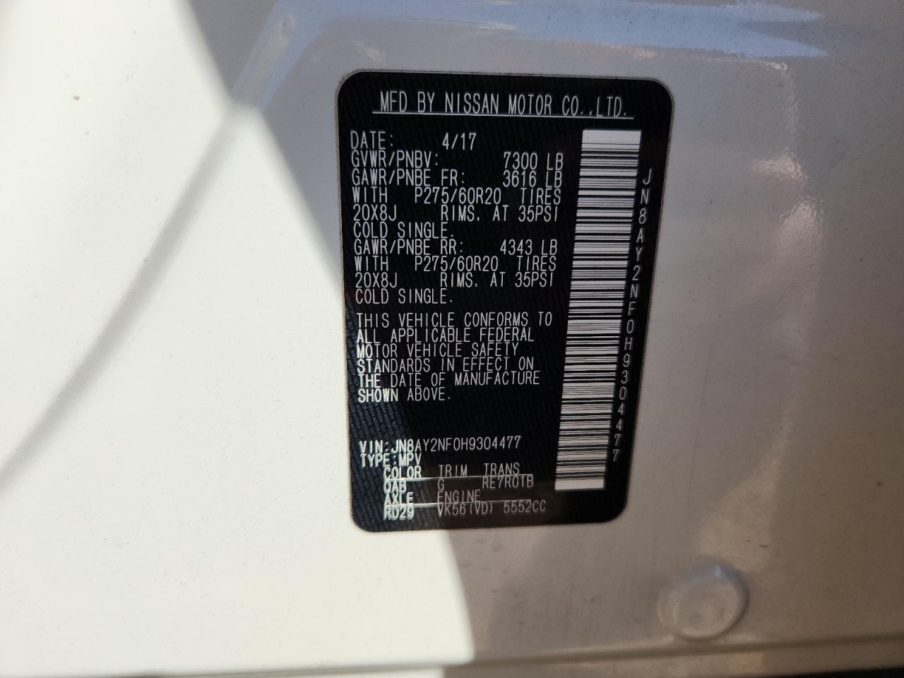 2017 Nissan Armada Platinum VIN: JN8AY2NF0H9304477 Lot: 86105835