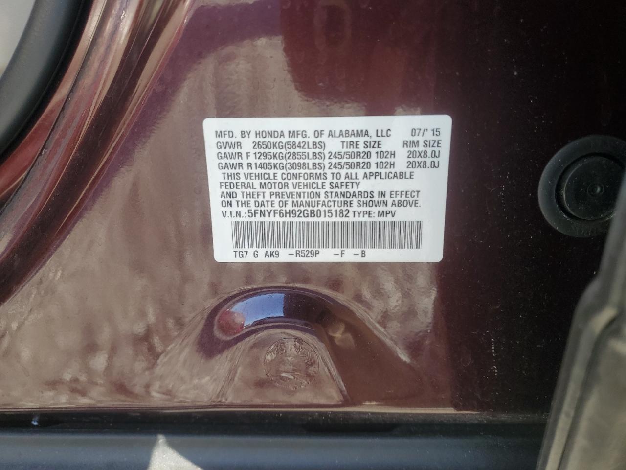 2016 Honda Pilot Touring VIN: 5FNYF6H92GB015182 Lot: 90447095