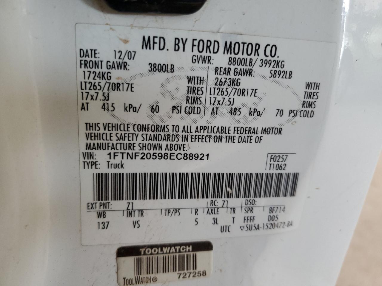 2008 Ford F250 Super Duty VIN: 1FTNF20598EC88921 Lot: 85942685