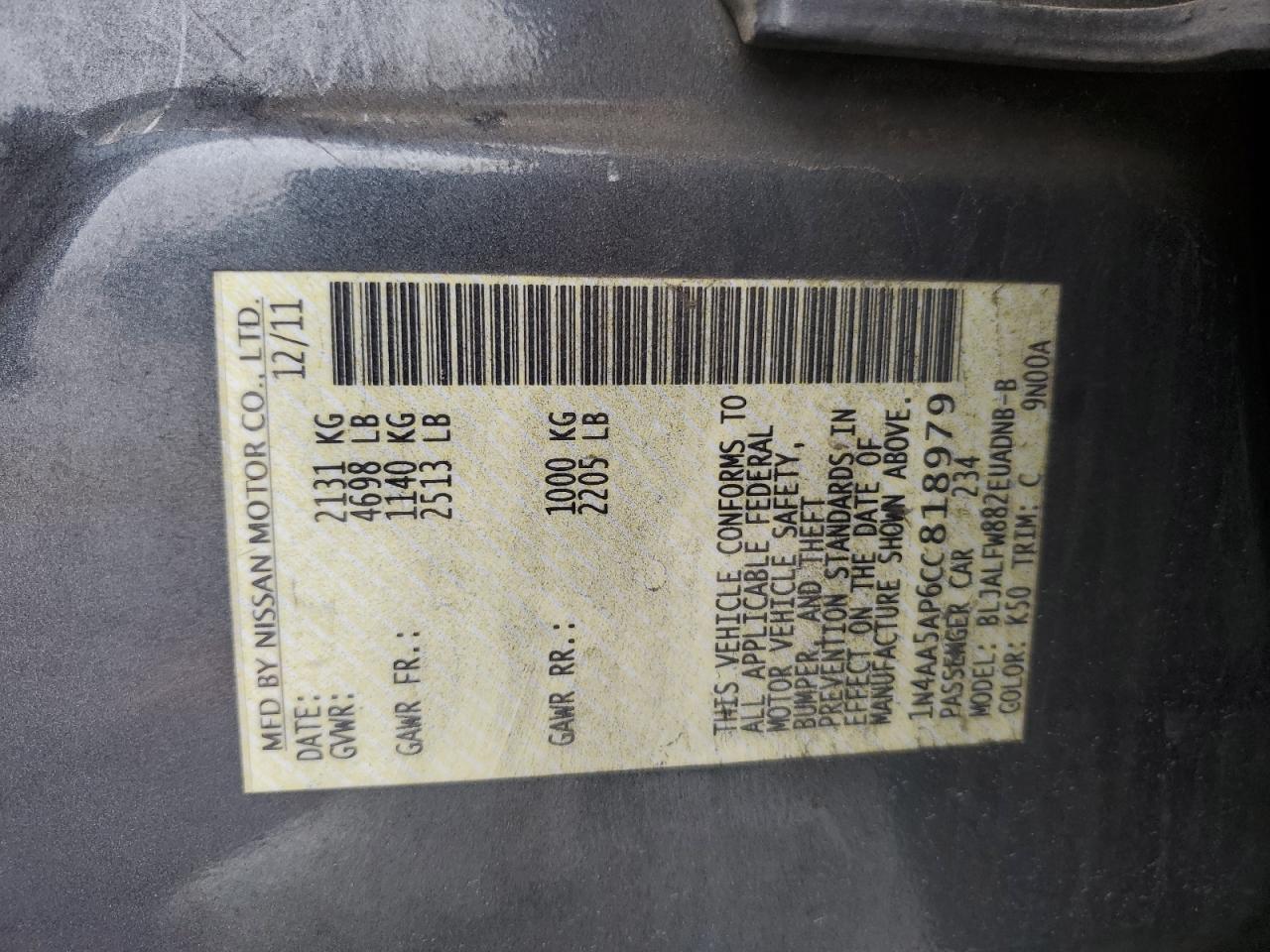 2012 Nissan Maxima S VIN: 1N4AA5AP6CC818979 Lot: 90144335