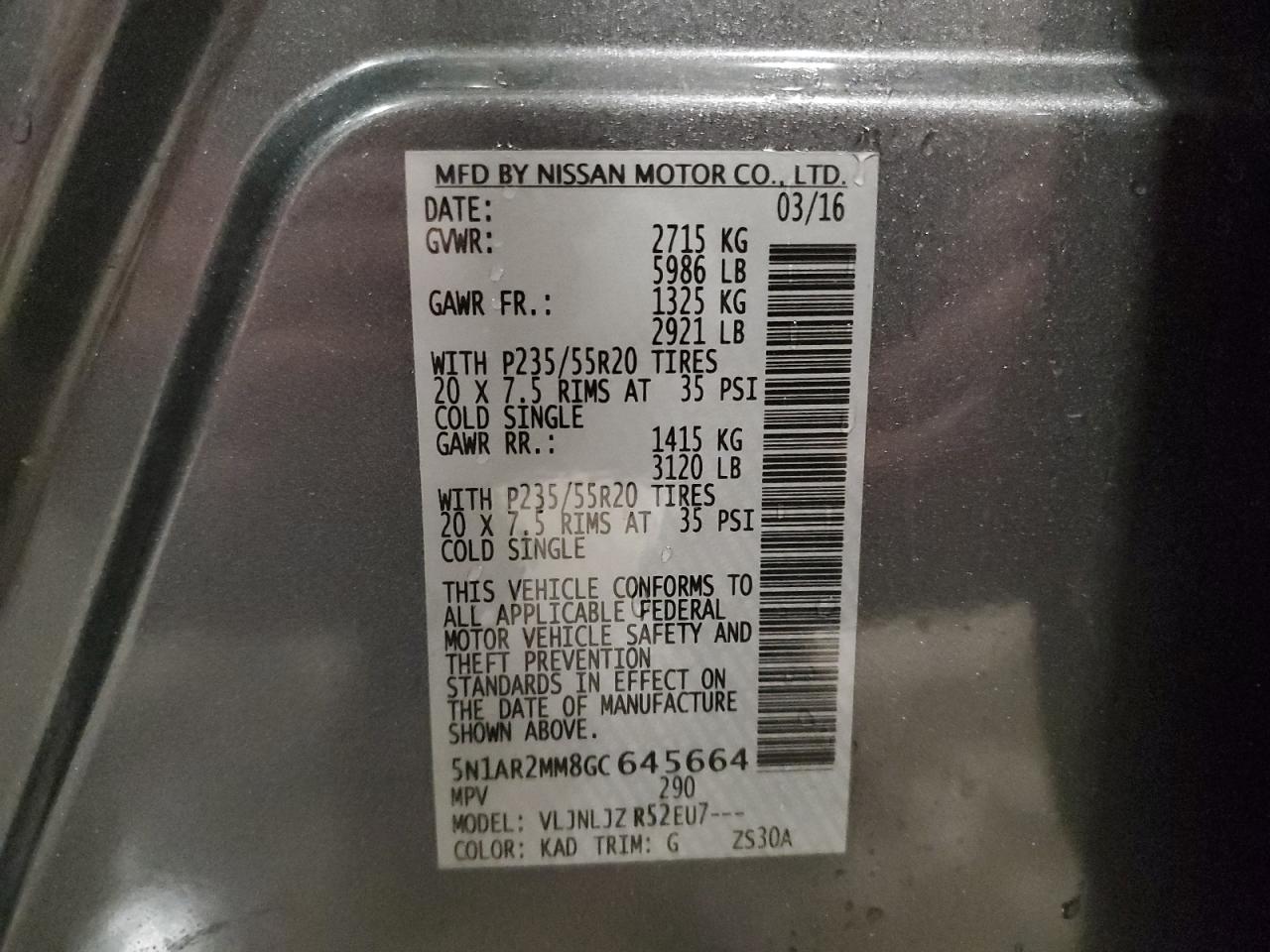 2016 Nissan Pathfinder S VIN: 5N1AR2MM8GC645664 Lot: 90708445