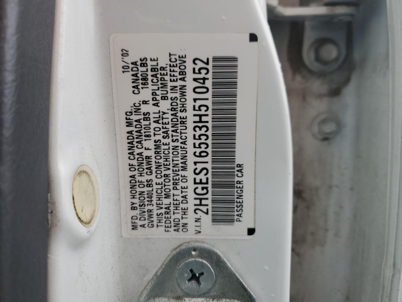 2003 Honda Civic Lx VIN: 2HGES16553H510452 Lot: 89929885