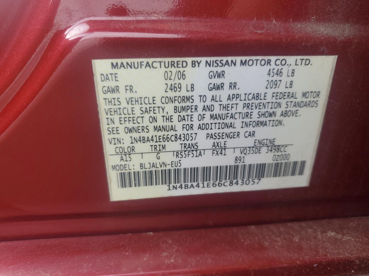 2006 Nissan Maxima Se VIN: 1N4BA41E66C843057 Lot: 85930795