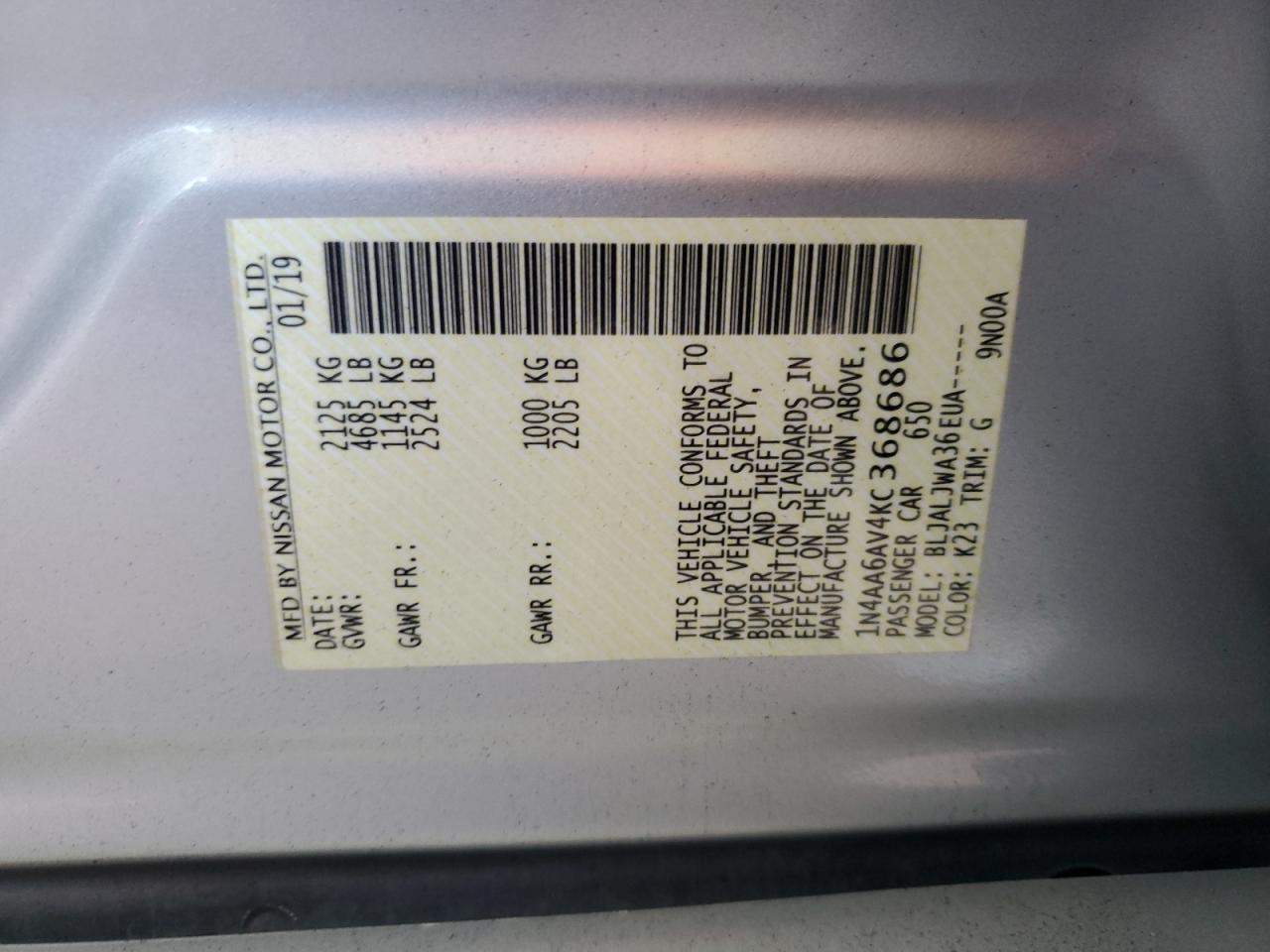 2019 Nissan Maxima S VIN: 1N4AA6AV4KC368686 Lot: 81967865