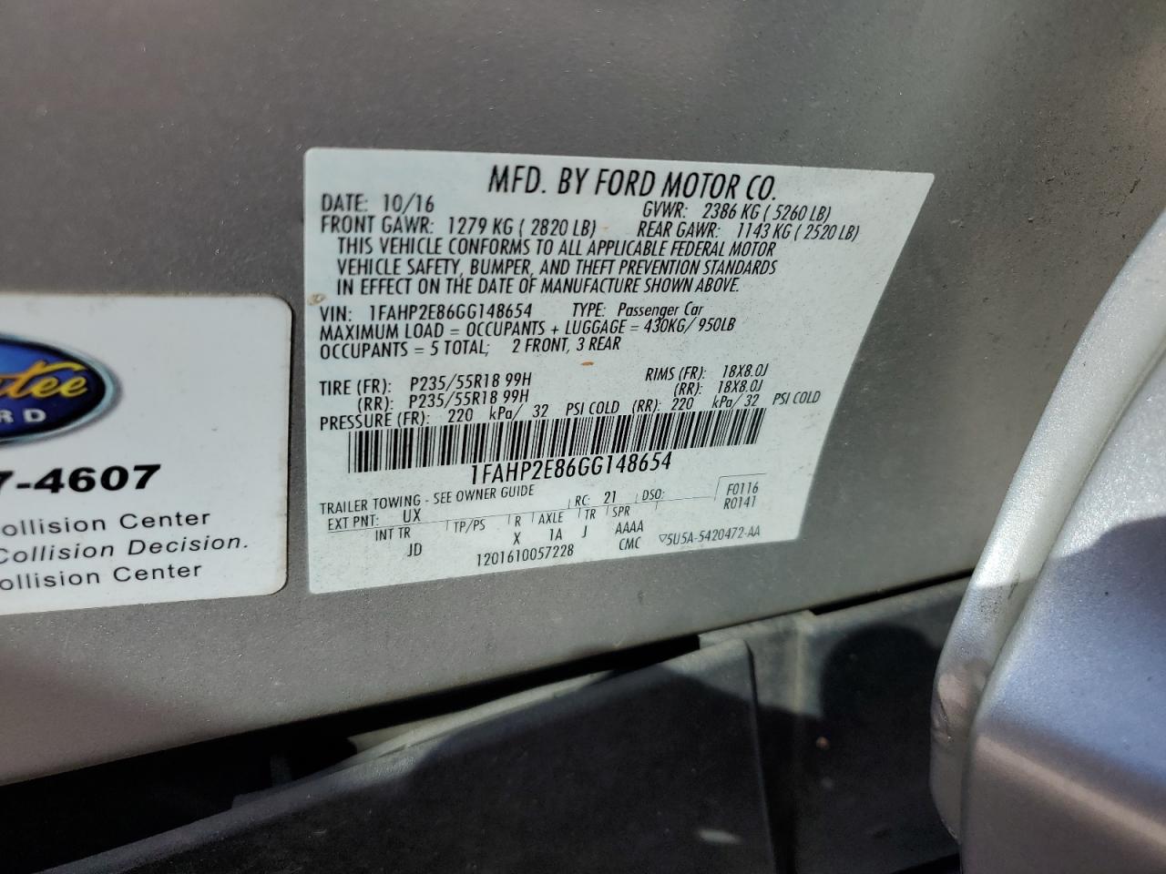 2016 Ford Taurus Sel VIN: 1FAHP2E86GG148654 Lot: 82441175