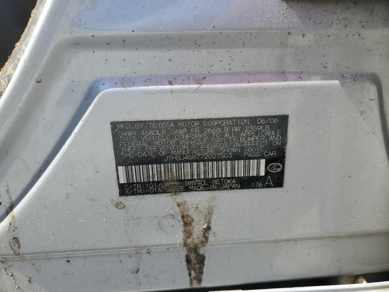 2007 Lexus Es 350 VIN: JTHBJ46G772027503 Lot: 85837255