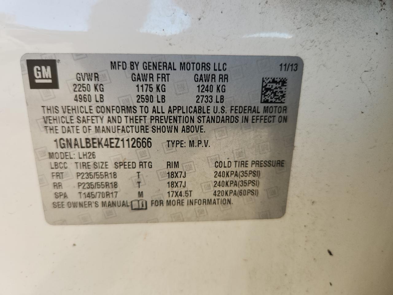 2014 Chevrolet Equinox Lt VIN: 1GNALBEK4EZ112666 Lot: 85094315