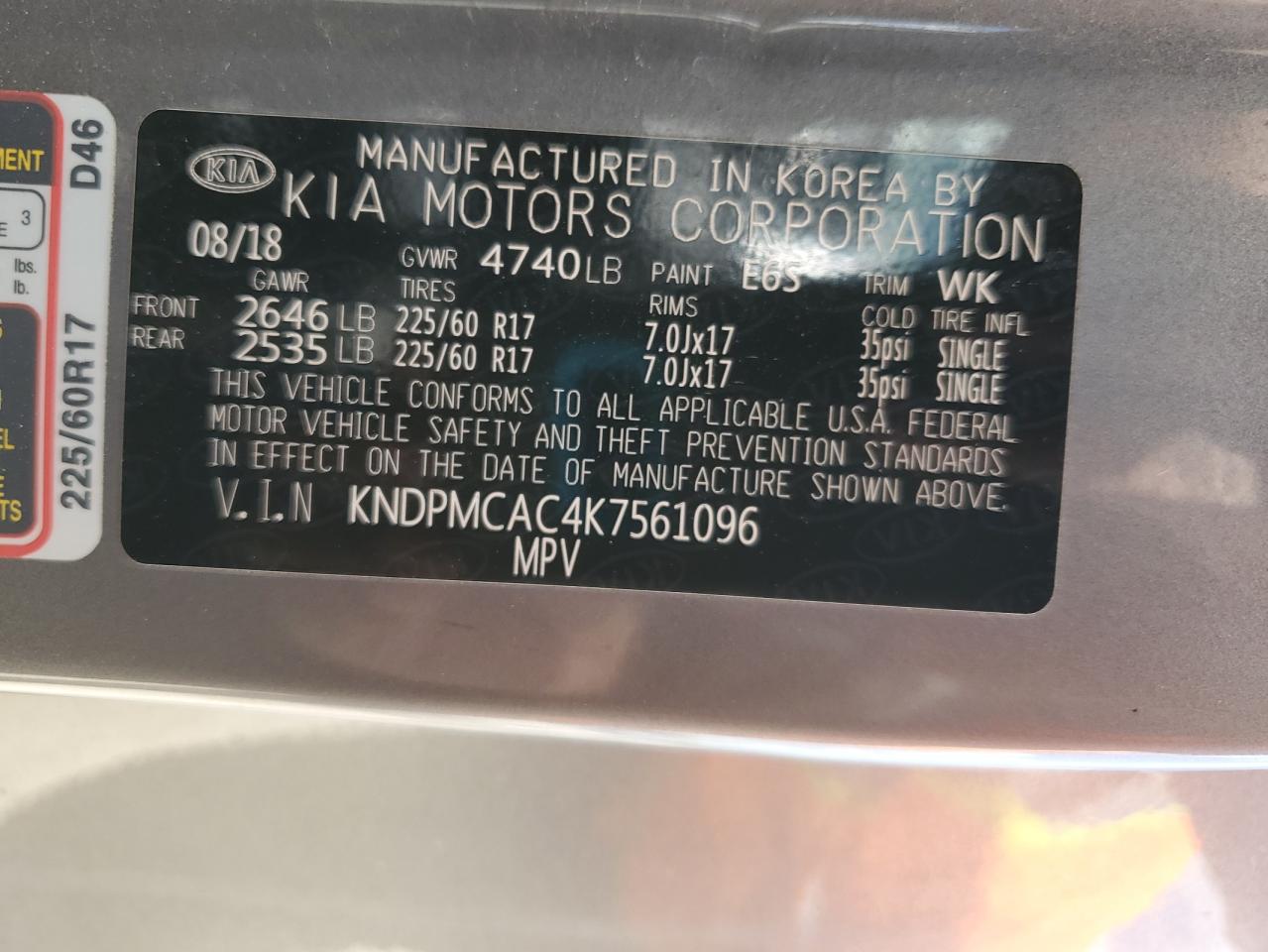 2019 Kia Sportage Lx VIN: KNDPMCAC4K7561096 Lot: 85596425