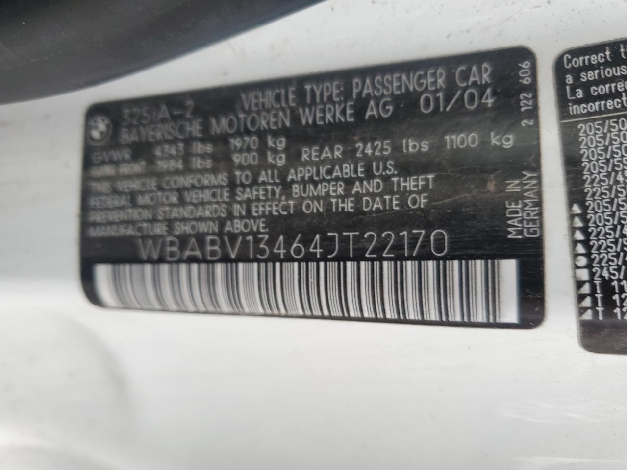 2004 BMW 325 Ci Sulev VIN: WBABV13464JT22170 Lot: 90672645