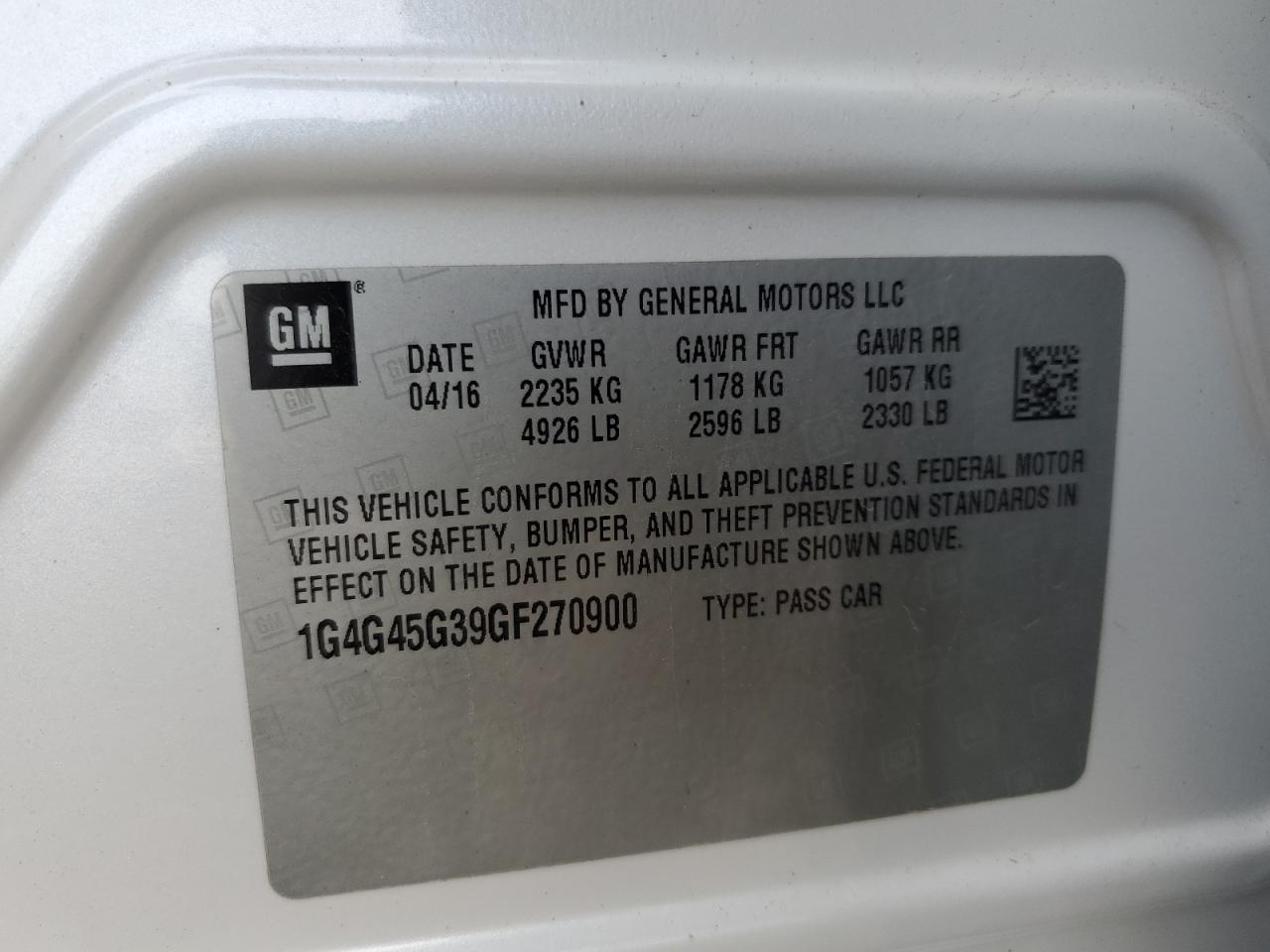 Buick Lacrosse VIN: 1G4G45G39GF270900 Lot: 85273585