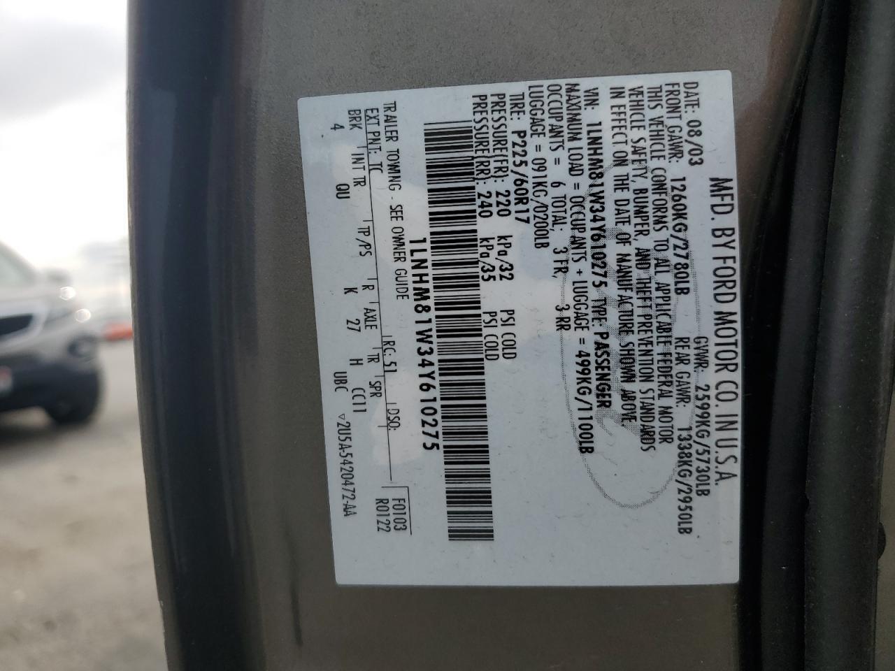 2004 Lincoln Town Car Executive VIN: 1LNHM81W34Y610275 Lot: 90085875