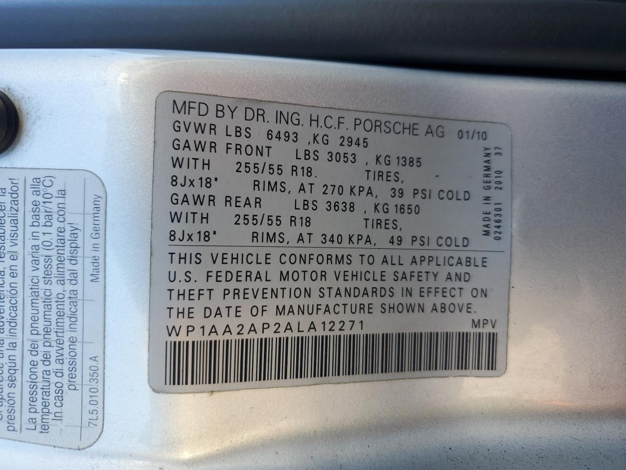 2010 Porsche Cayenne VIN: WP1AA2AP2ALA12271 Lot: 85928975