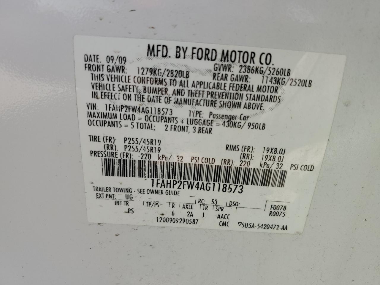 2010 Ford Taurus Limited VIN: 1FAHP2FW4AG118573 Lot: 85264505