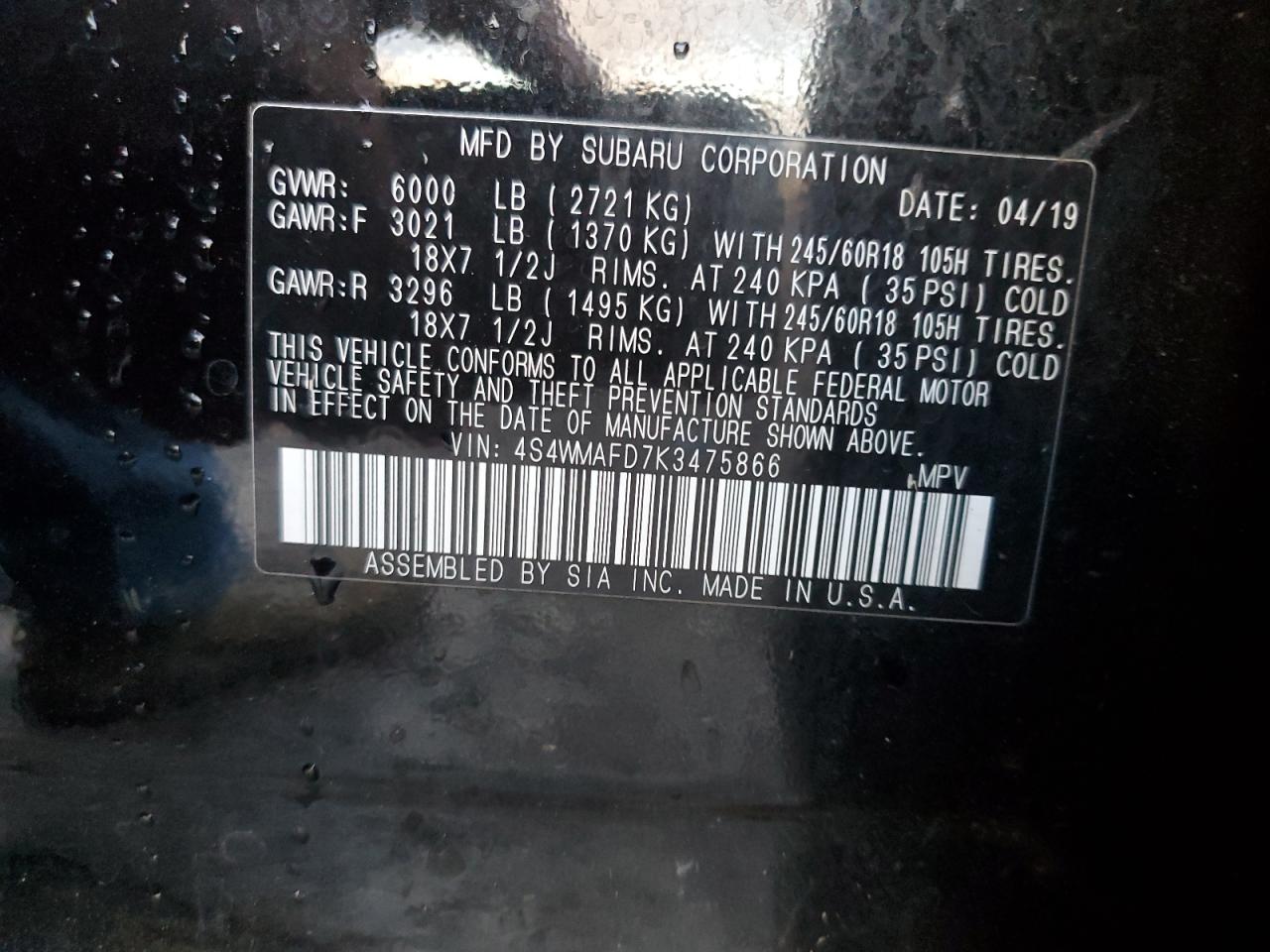 2019 Subaru Ascent Premium VIN: 4S4WMAFD7K3475866 Lot: 86632335