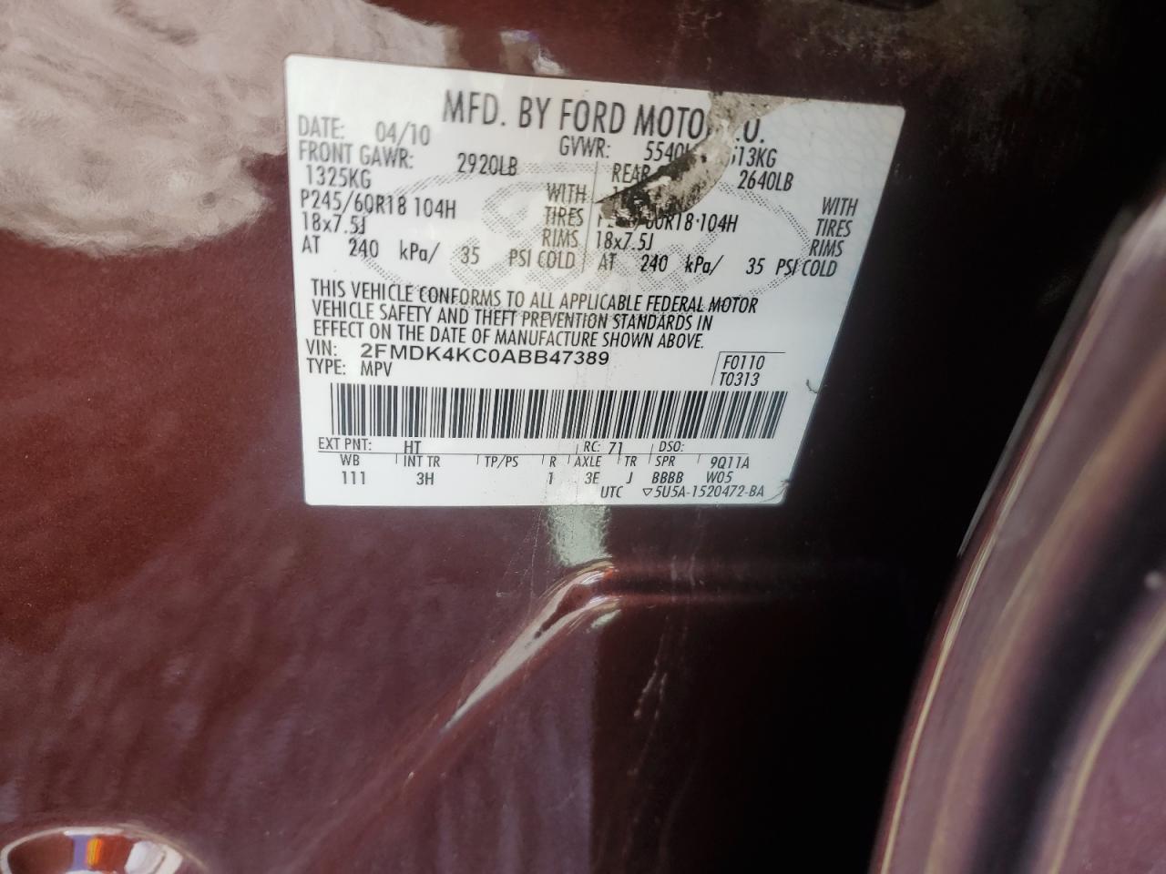 2010 Ford Edge Limited VIN: 2FMDK4KC0ABB47389 Lot: 85303515