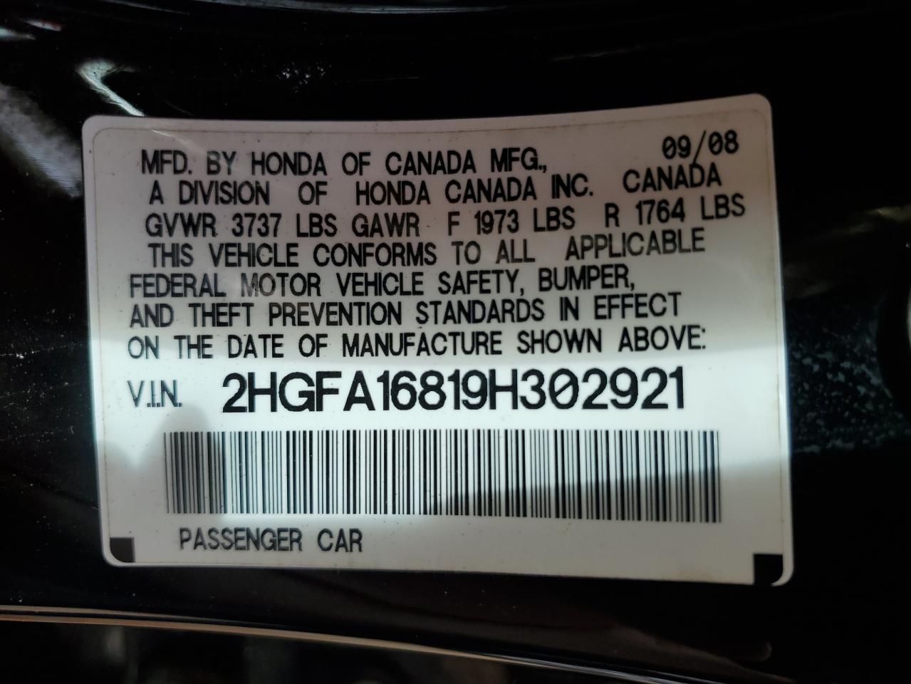 2009 Honda Civic Ex VIN: 2HGFA16819H302921 Lot: 82356235