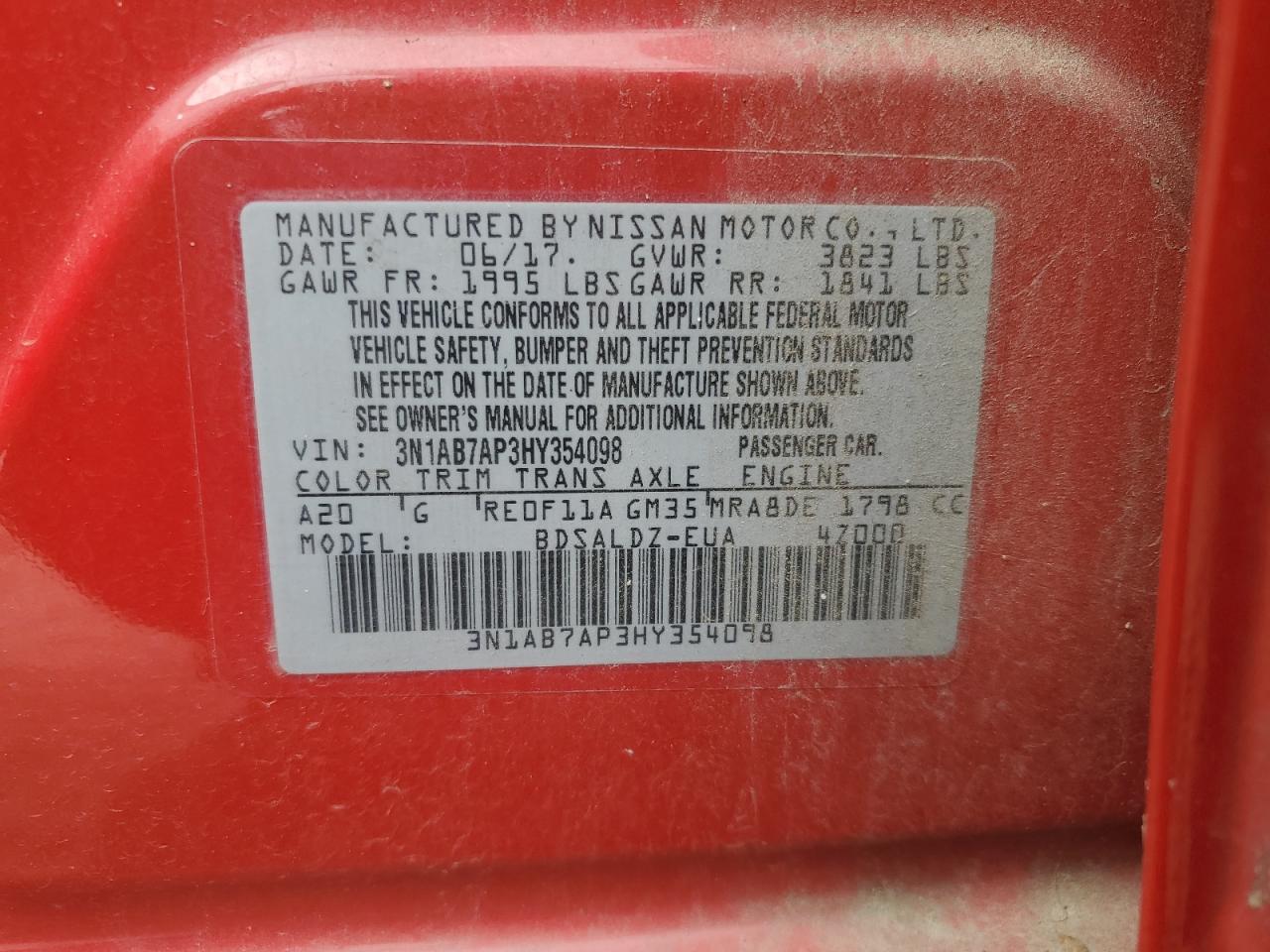 2017 Nissan Sentra S VIN: 3N1AB7AP3HY354098 Lot: 85351865