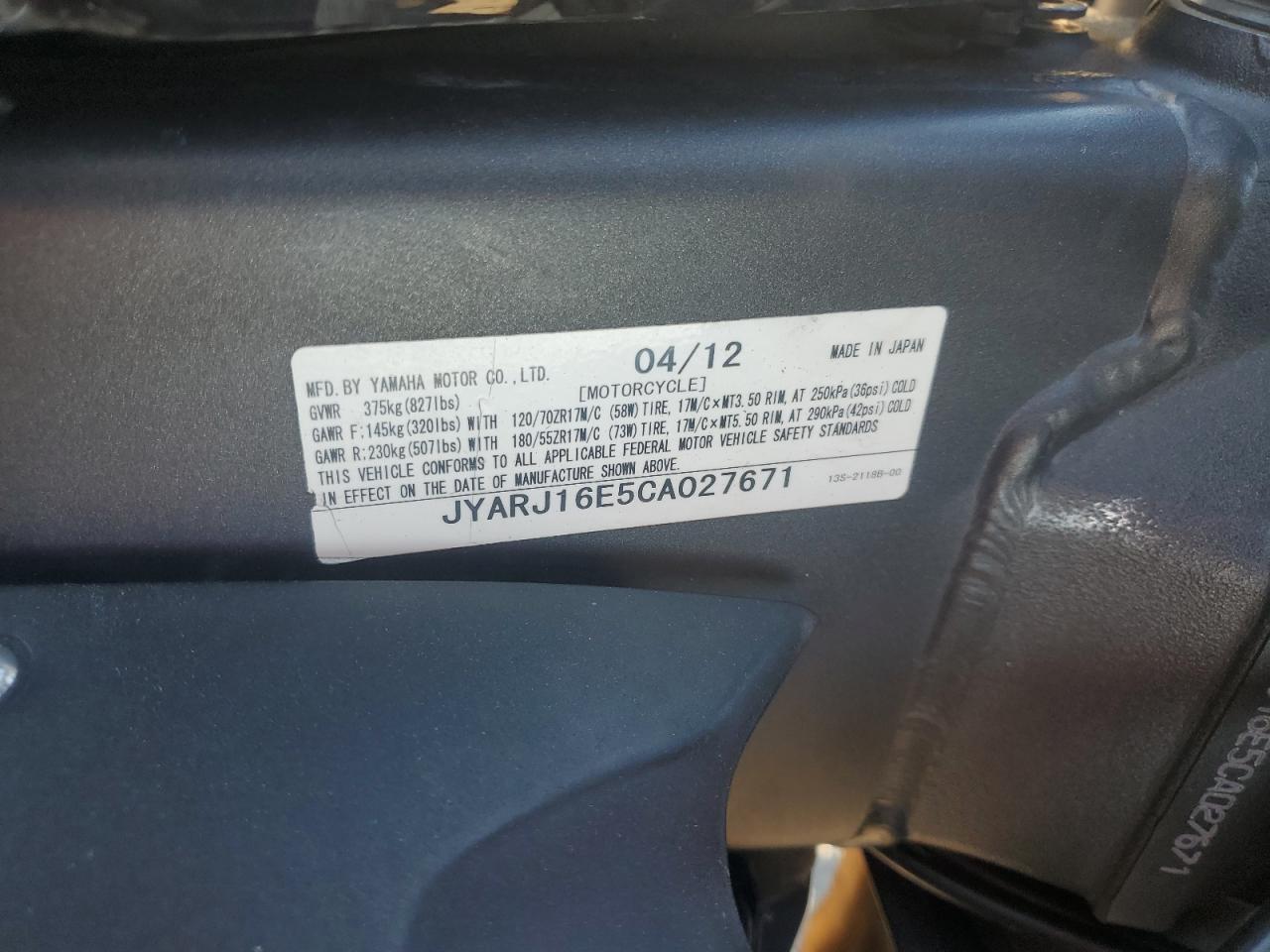 2012 Yamaha Yzfr6 VIN: JYARJ16E5CA027671 Lot: 82649195