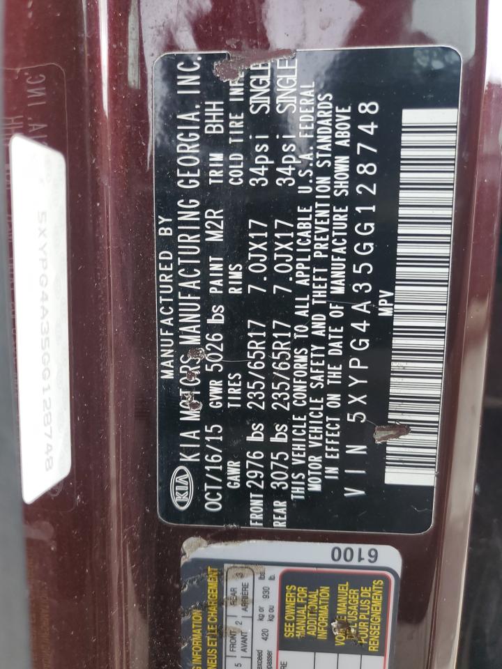 2016 Kia Sorento Lx VIN: 5XYPG4A35GG128748 Lot: 90327905