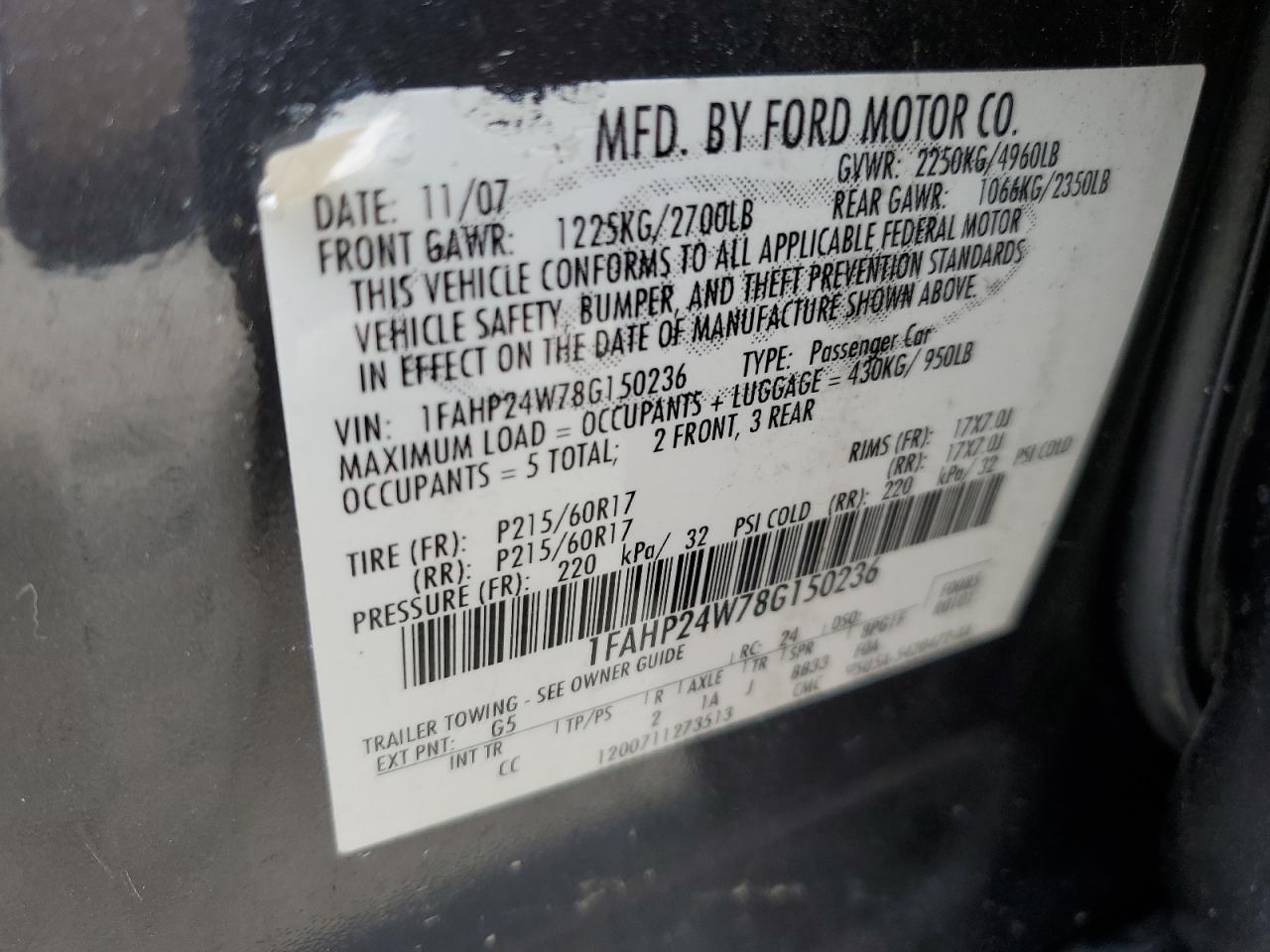 2008 Ford Taurus Sel VIN: 1FAHP24W78G150236 Lot: 85924855