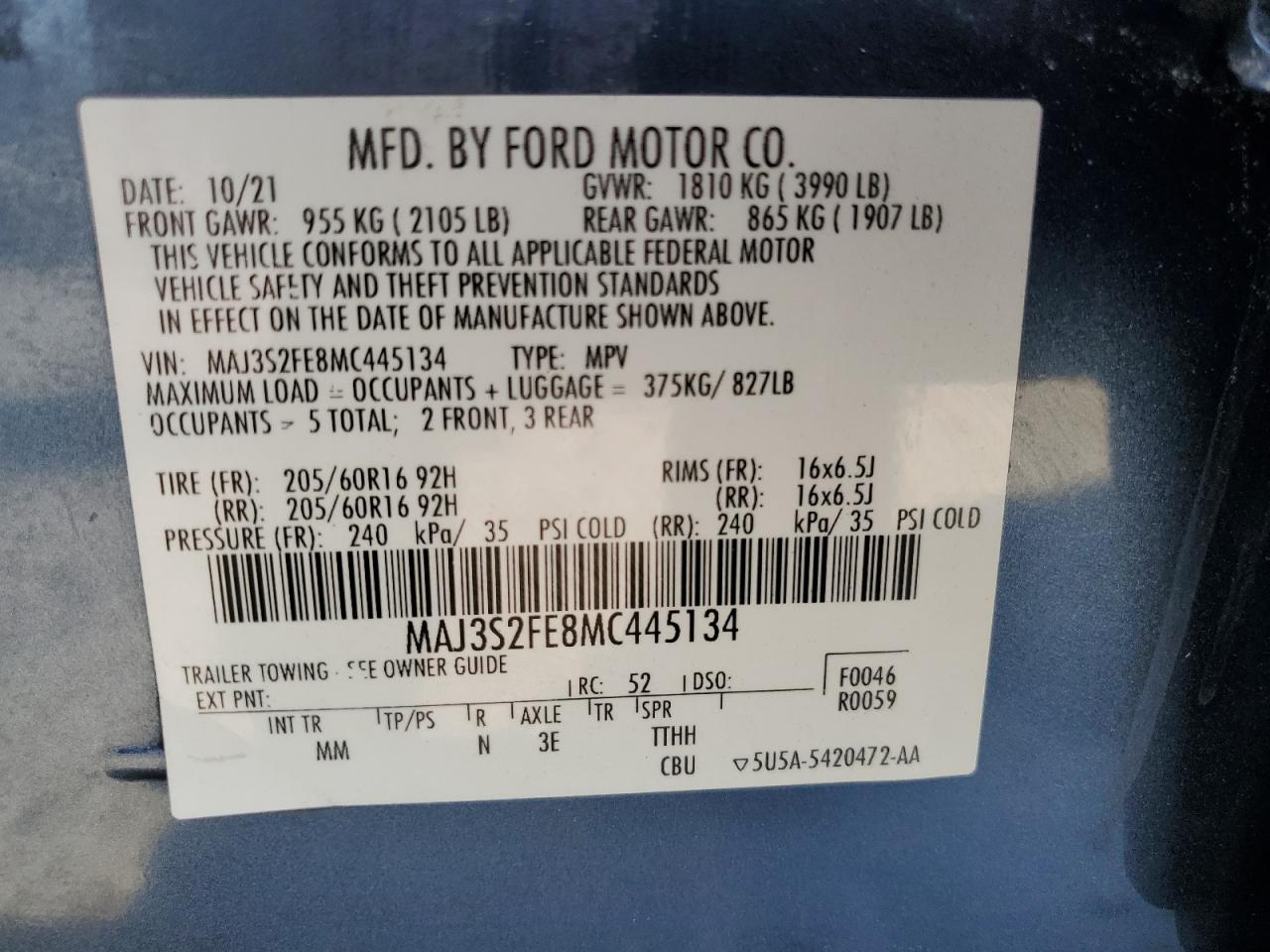 2021 Ford Ecosport S VIN: MAJ3S2FE8MC445134 Lot: 82680545