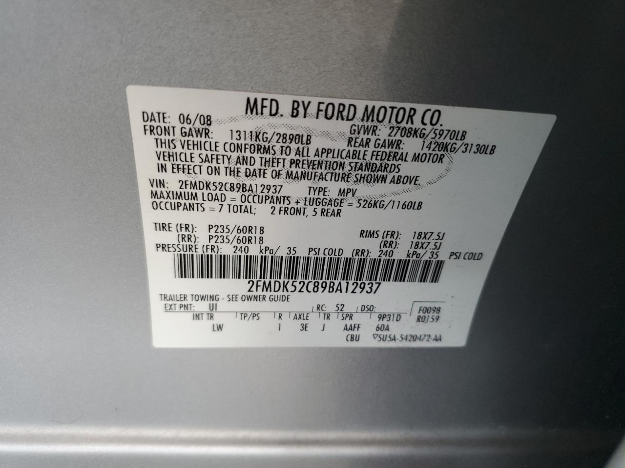 2009 Ford Flex Sel VIN: 2FMDK52C89BA12937 Lot: 82662745