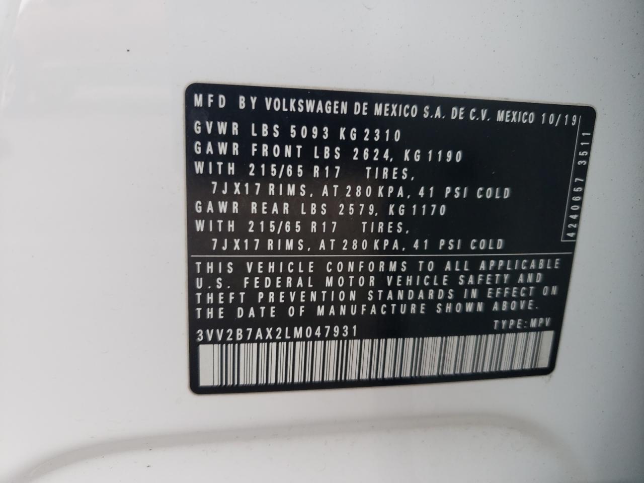 2020 Volkswagen Tiguan Se VIN: 3VV2B7AX2LM047931 Lot: 86288785