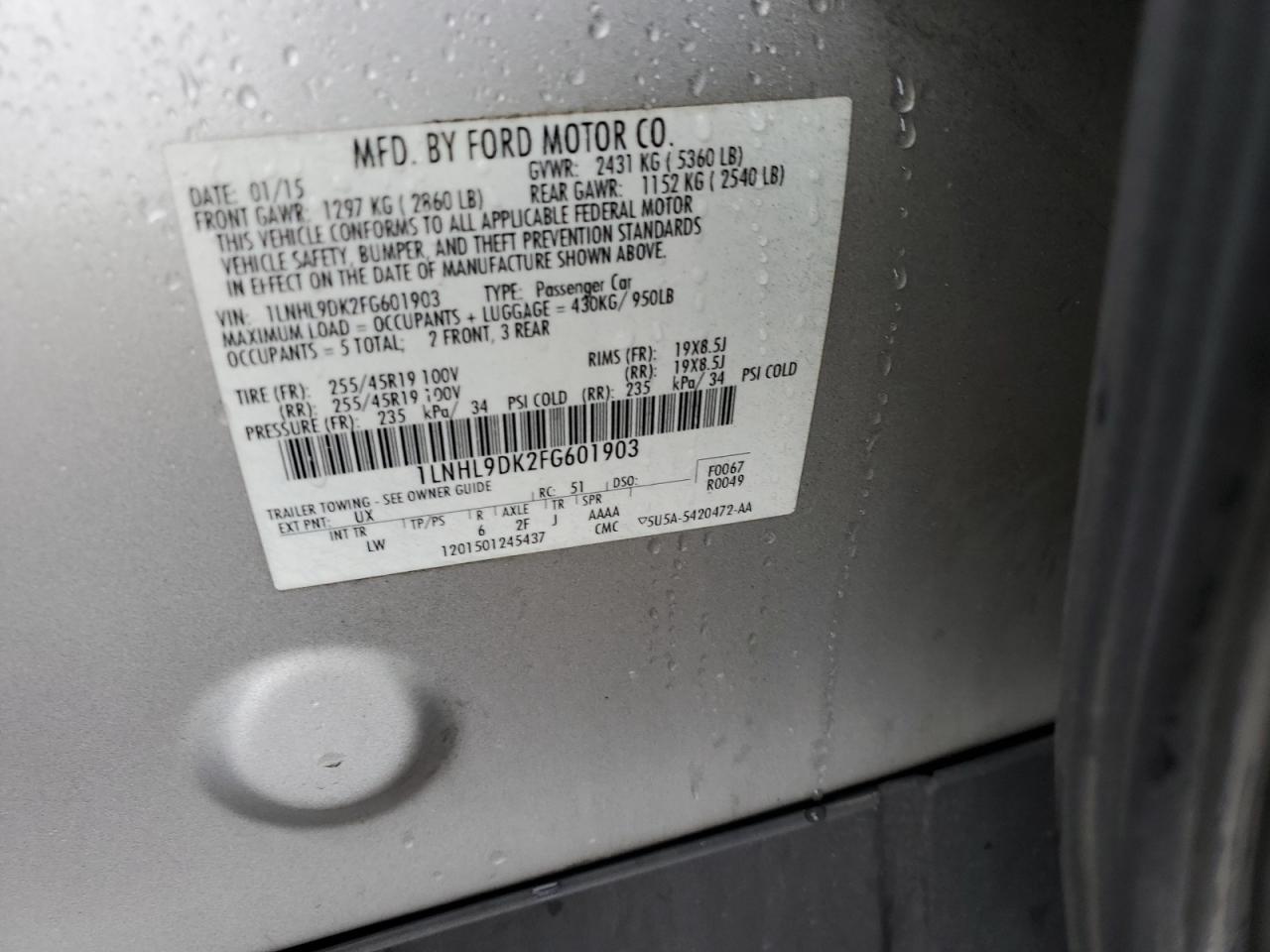 2015 Lincoln Mks VIN: 1LNHL9DK2FG601903 Lot: 85826285