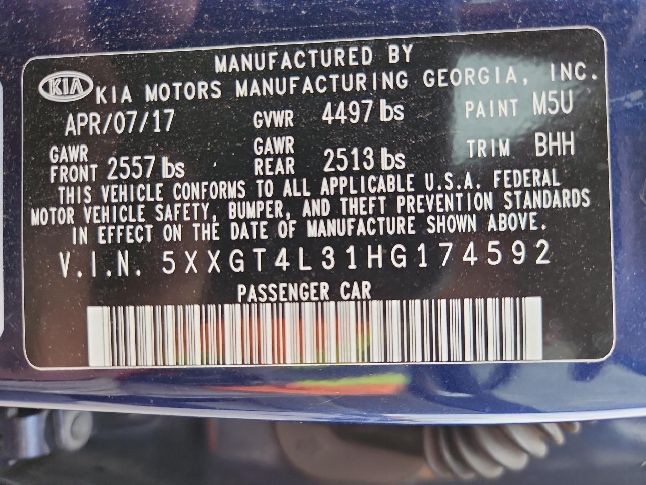 2017 Kia Optima Lx VIN: 5XXGT4L31HG174592 Lot: 86319445