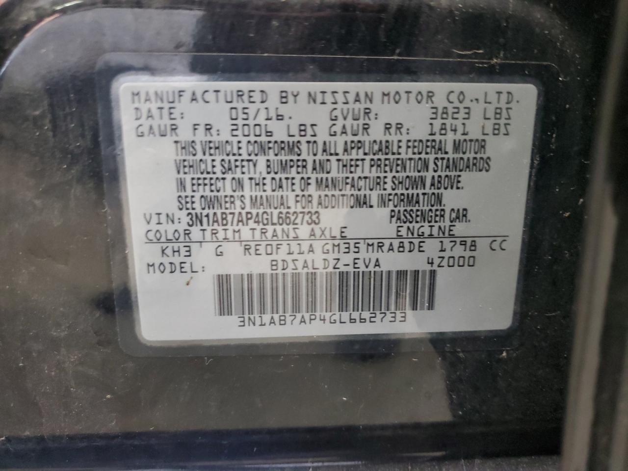 2016 Nissan Sentra S VIN: 3N1AB7AP4GL662733 Lot: 85737895