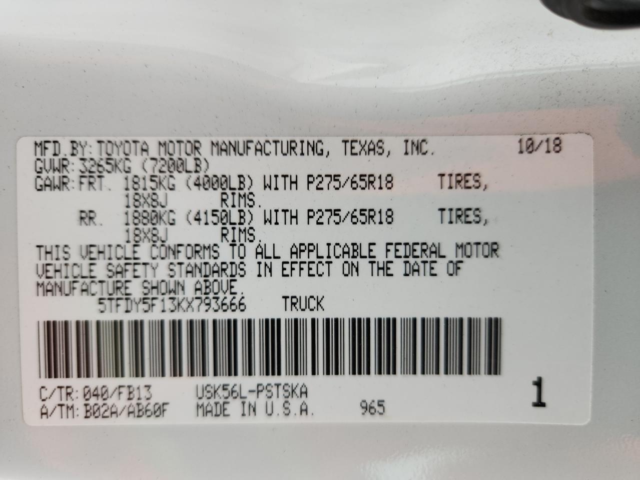 2019 Toyota Tundra Crewmax Sr5 VIN: 5TFDY5F13KX793666 Lot: 85736585