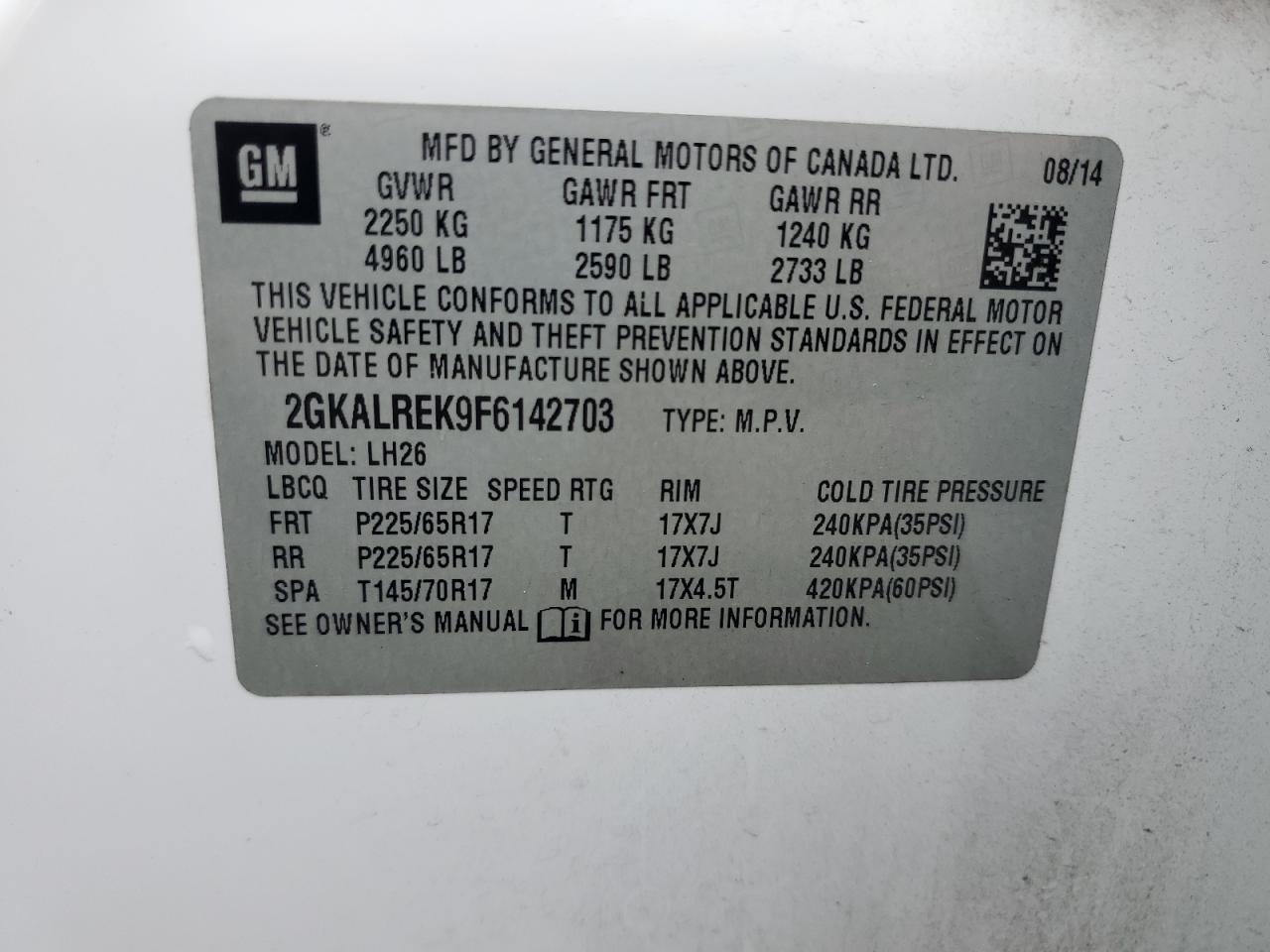 2015 GMC Terrain Sle VIN: 2GKALREK9F6142703 Lot: 82376305