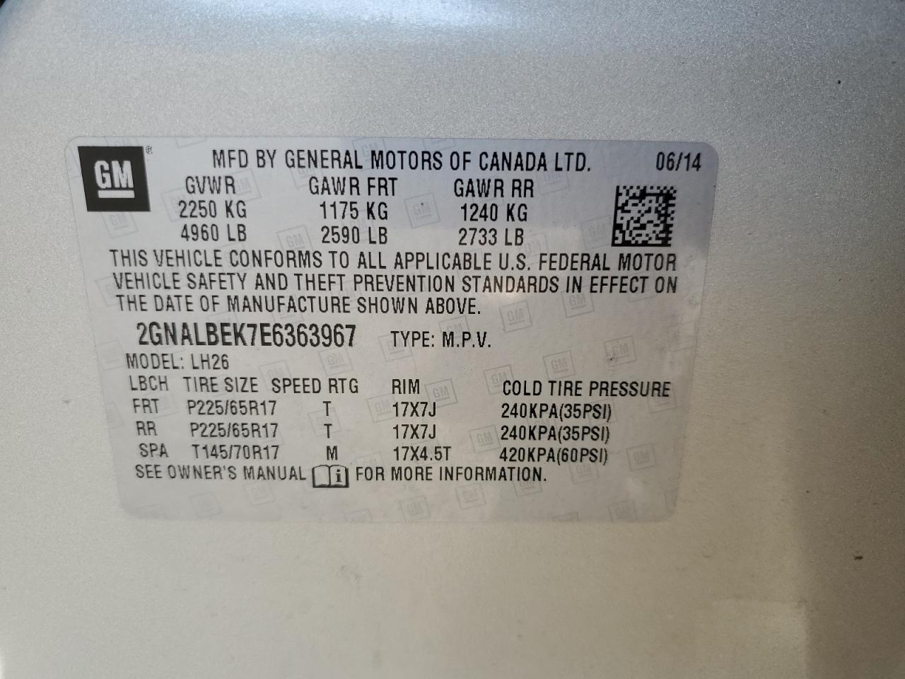 2014 Chevrolet Equinox Lt VIN: 2GNALBEK7E6363967 Lot: 86123055